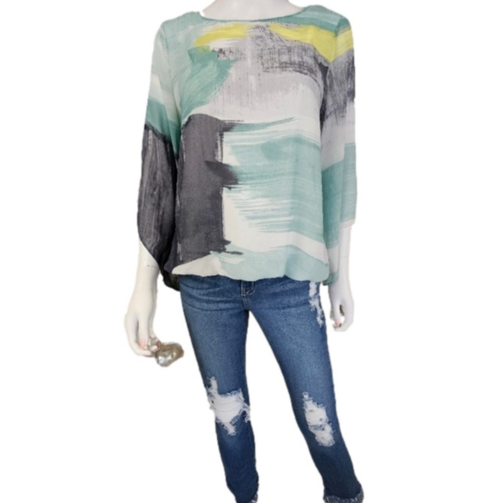 Alfani Multi-Colored Chiffon Blouson With Asymmetrical Sleeves Size PM